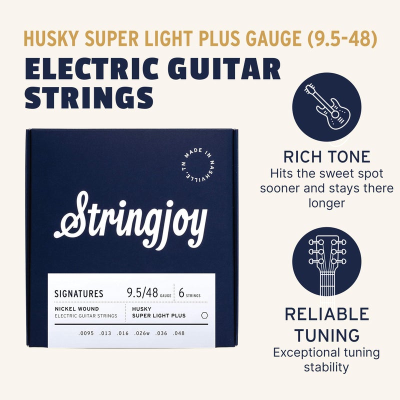 Stringjoy HSK95 Signatures Nickel Wound Guitar Strings, 9.5-48 Husky Super Light Plus Gauge, Electric Guitar Strings for Enhanced Tone, Guitar Strings Electric 6 String Set - Image 2
